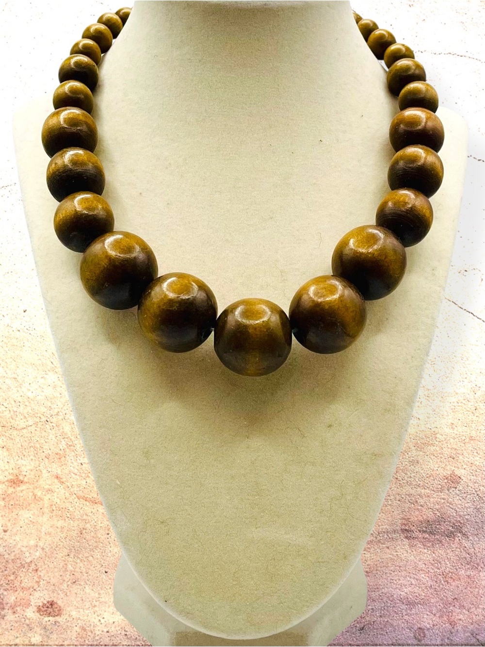 Vintage Boho Graduated Brown Wood Bead Statement Collar Necklace